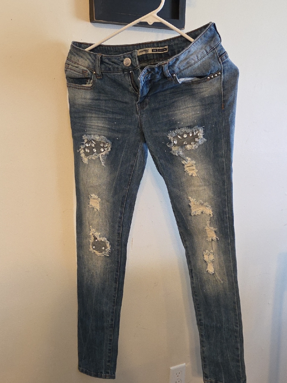 Highway Jeans Women's Blue Skinny Jeans with Distressed Rhinestone Accents